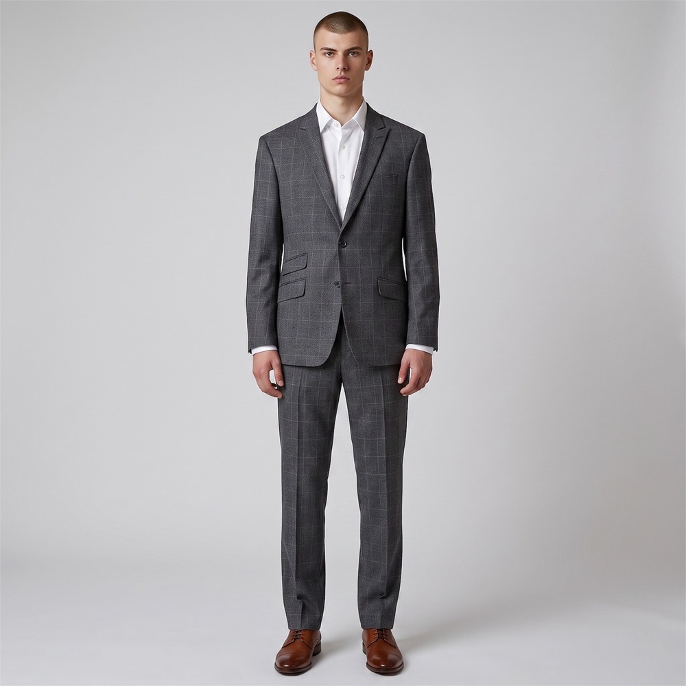 Banana Republic Marzotto Italian Wool Suit Men 44R 35x31 Grey Windowpane‎ Check